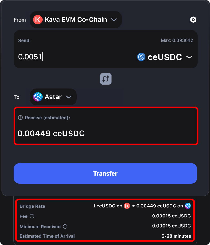 Cost and time estimates when bridging assets from Kava to Astar.