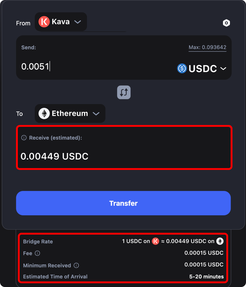 Cost and time estimates when bridging assets from Kava to Ethereum.