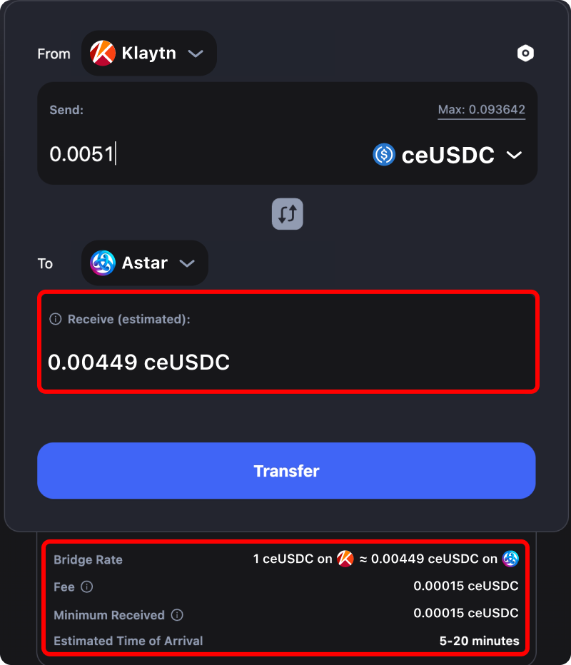 Cost and time estimates when bridging assets from Klaytn to Astar.