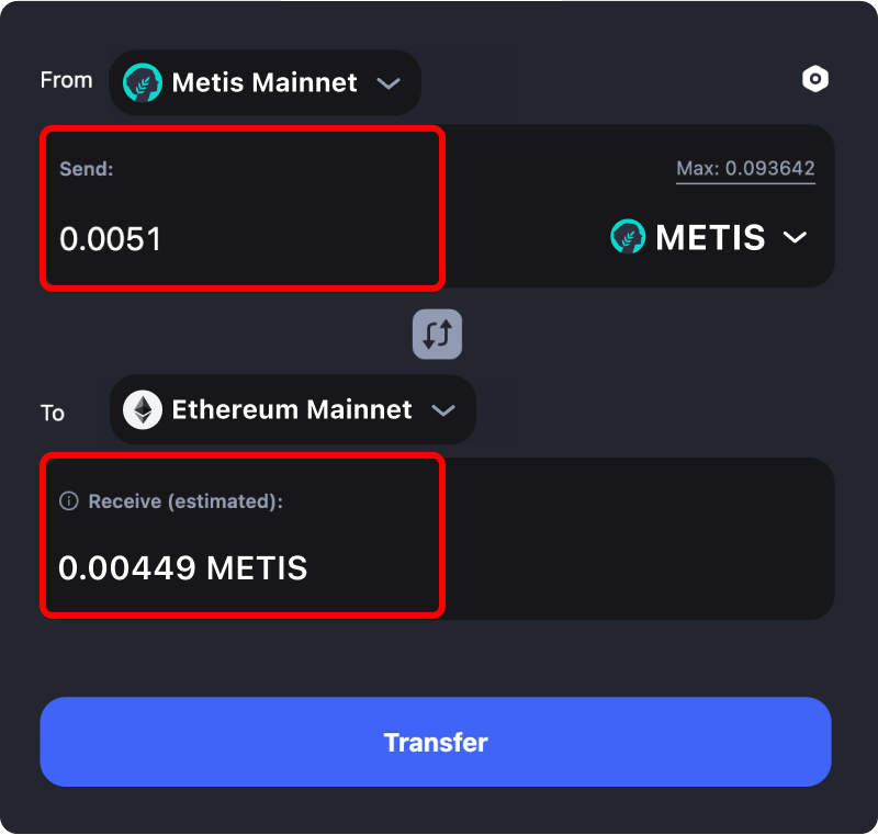 Bridging assets and coins from Metis to Ethereum.