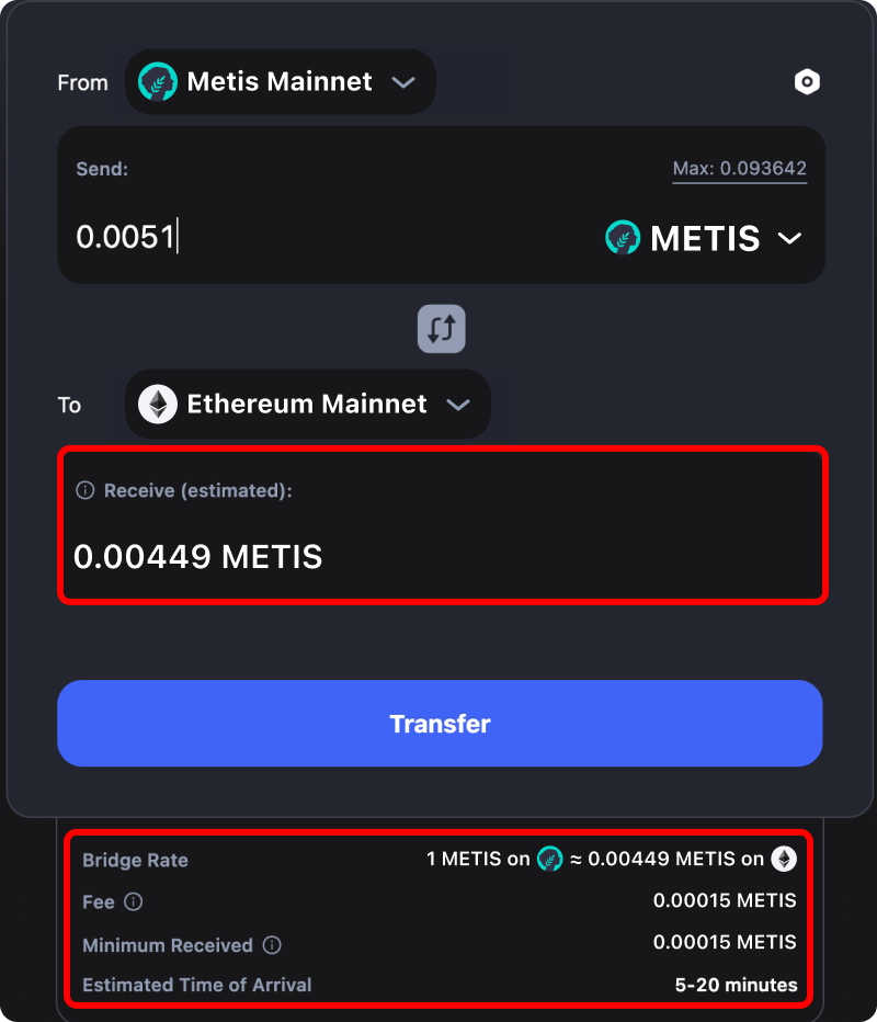 Cost and time estimates when bridging assets from Metis to Ethereum.
