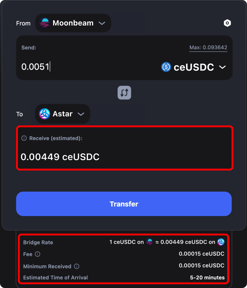 Cost and time estimates when bridging assets from Moonbeam to Astar.