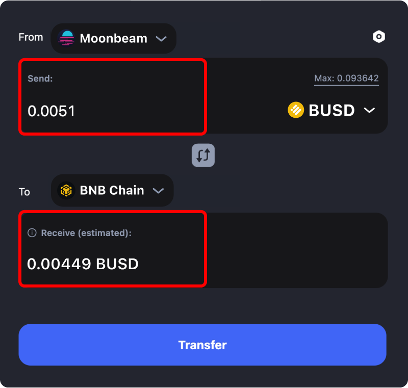 Bridging assets and coins from Moonbeam to Binance.