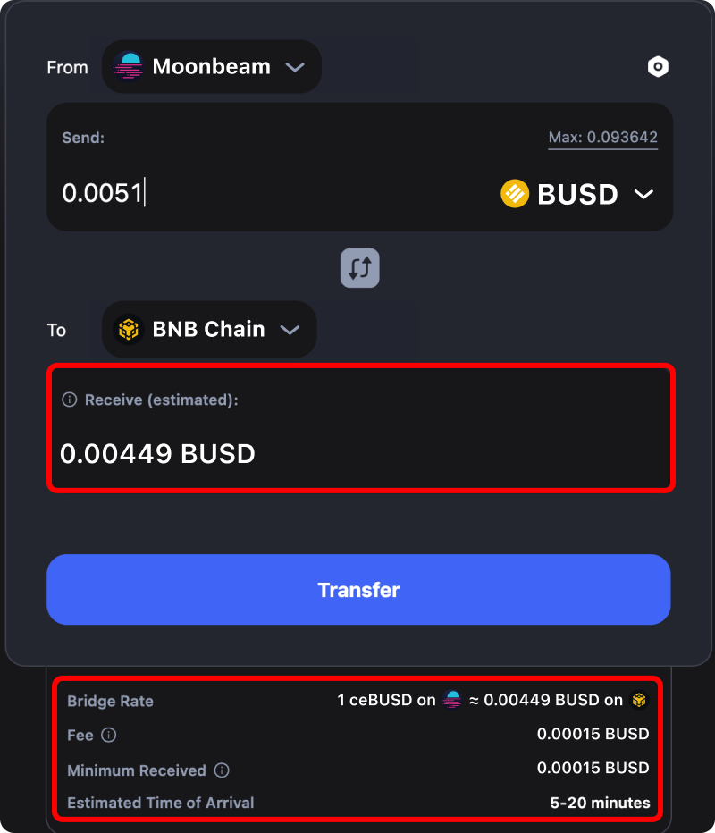 Cost and time estimates when bridging assets from Moonbeam to Binance.