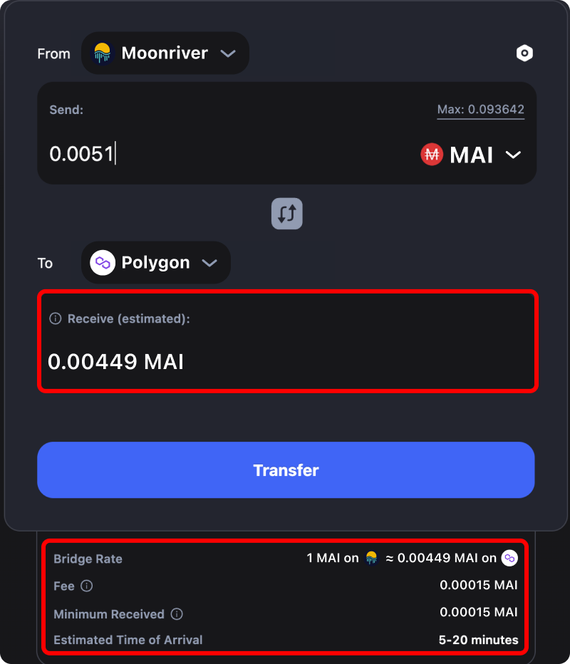 Cost and time estimates when bridging assets from Moonriver to Polygon.