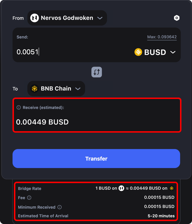 Cost and time estimates when bridging assets from Nervos Godwoken to Binance.