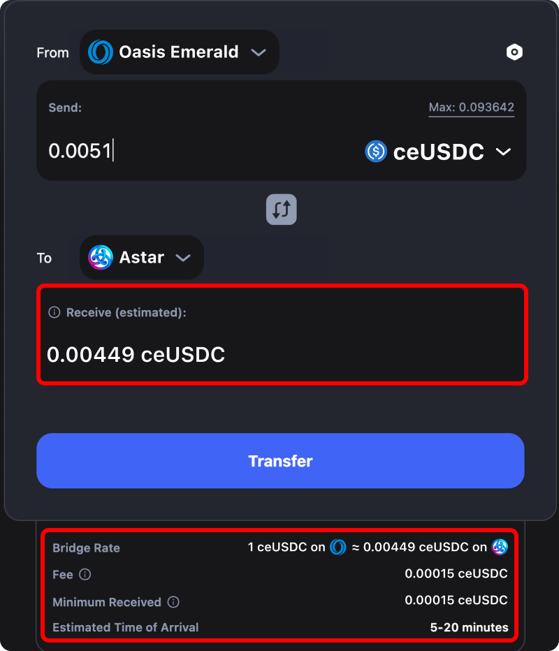 Cost and time estimates when bridging assets from Oasis Emerald to Astar.