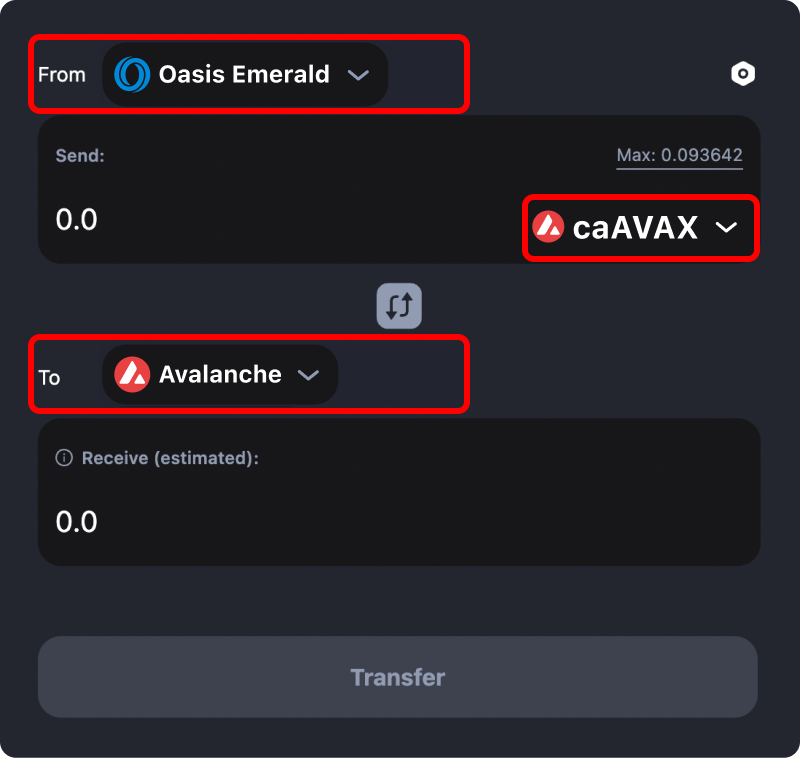 How to transfer tokens and coins from Oasis Emerald to Avalanche.