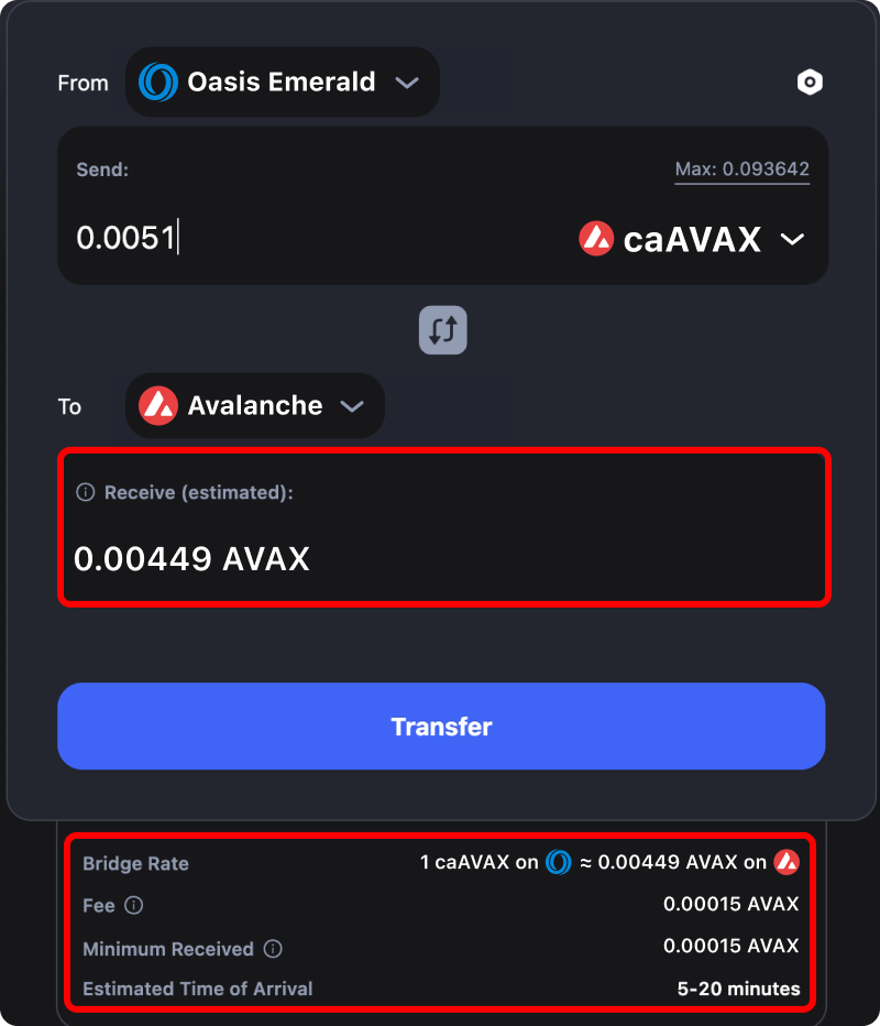 Cost and time estimates when bridging assets from Oasis Emerald to Avalanche.