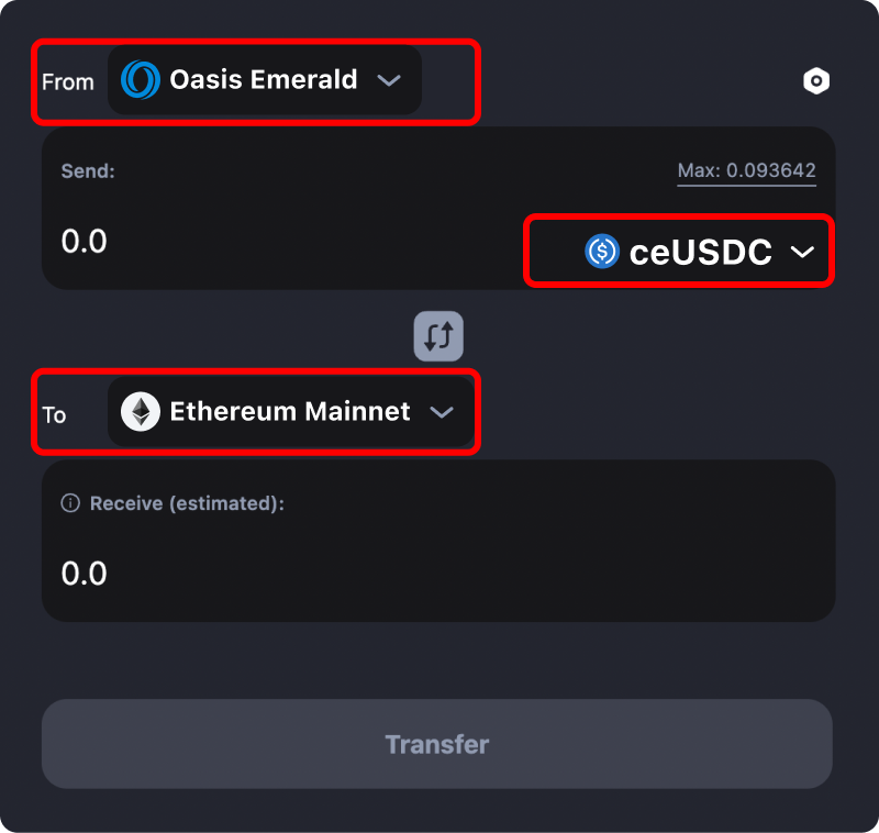 How to transfer tokens and coins from Oasis Emerald to Ethereum.