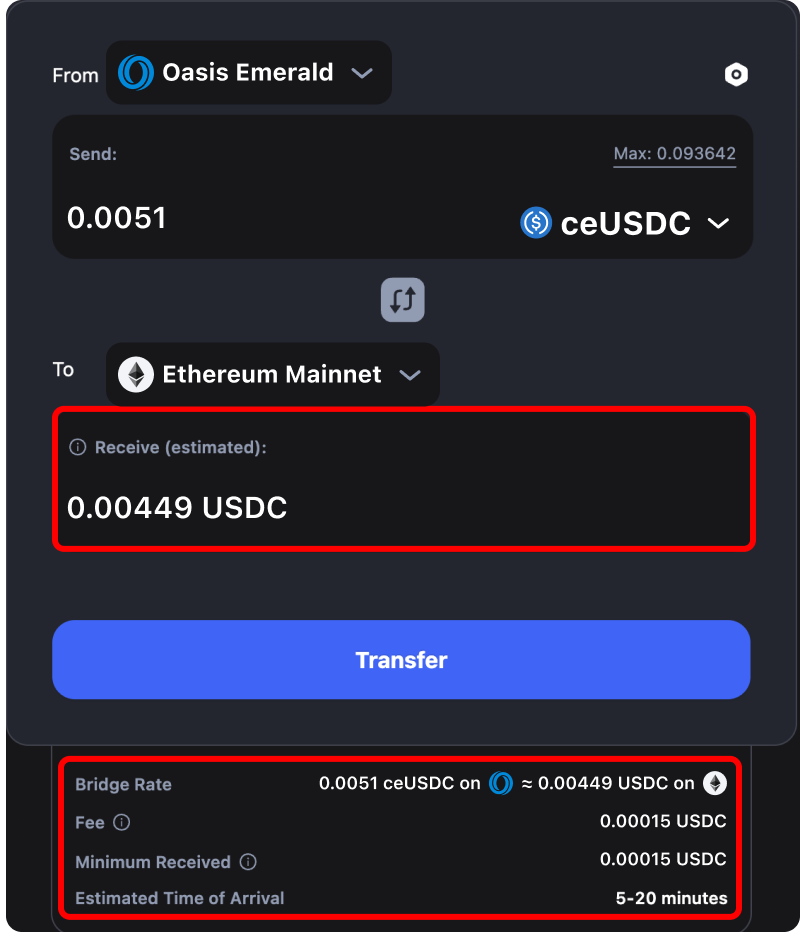 Cost and time estimates when bridging assets from Oasis Emerald to Ethereum.