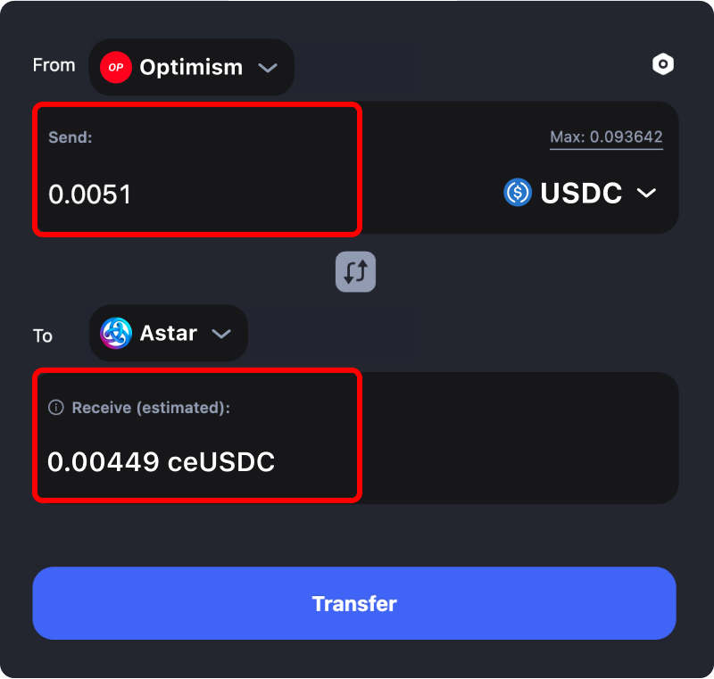 Bridging assets and coins from Optimism to Astar.