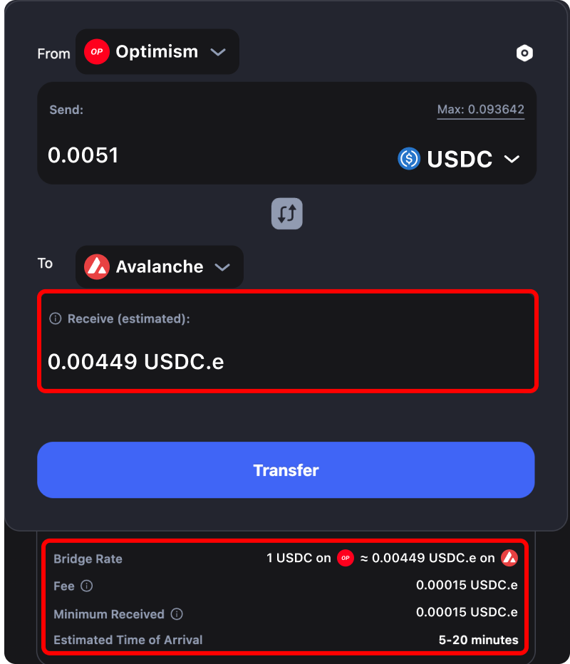 Cost and time estimates when bridging assets from Optimism to Avalanche.