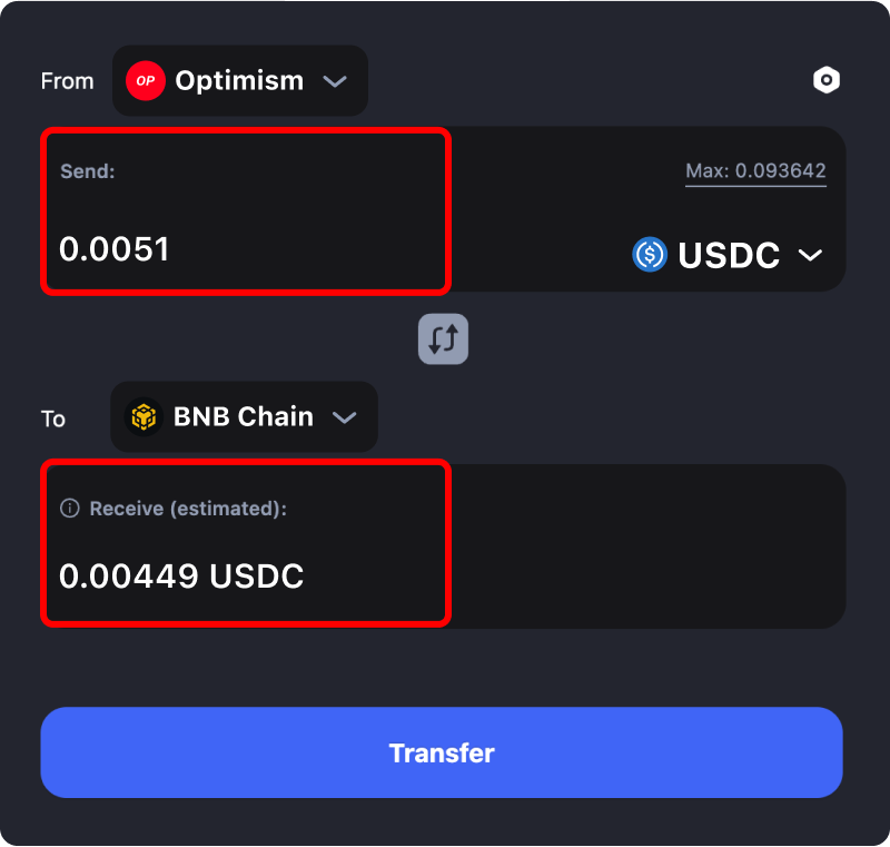 Bridging assets and coins from Optimism to Binance.