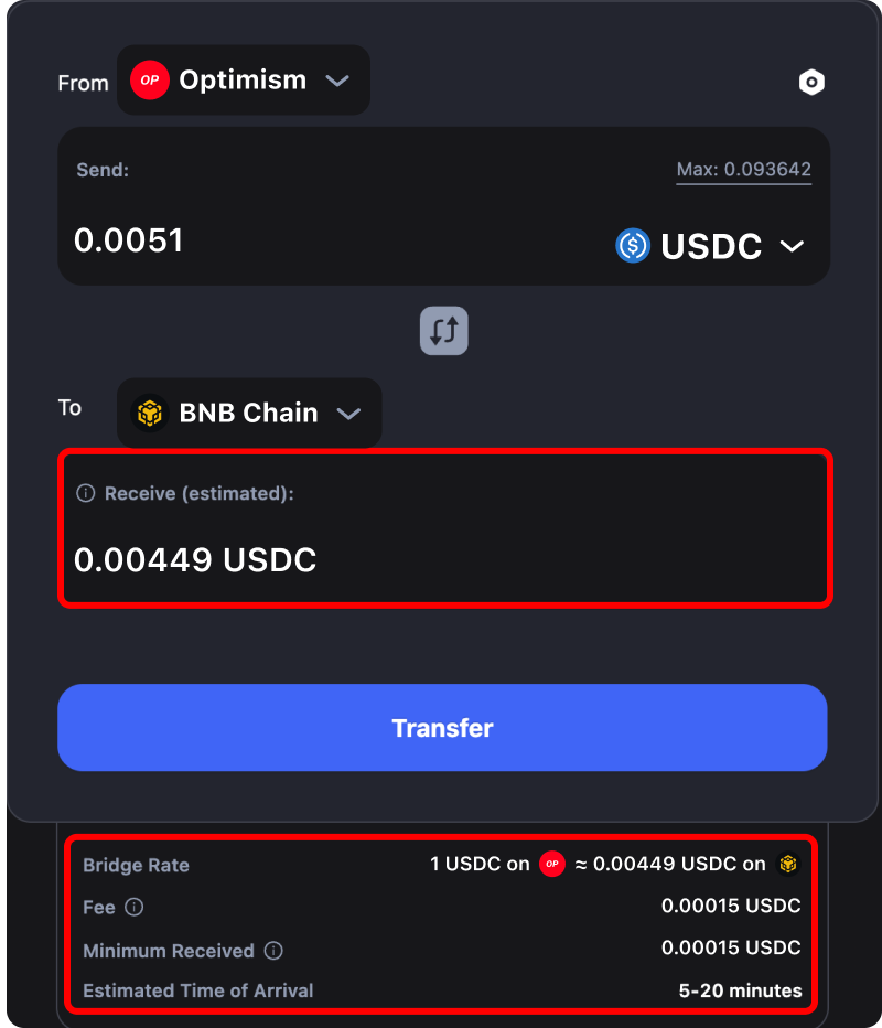 Cost and time estimates when bridging assets from Optimism to Binance.