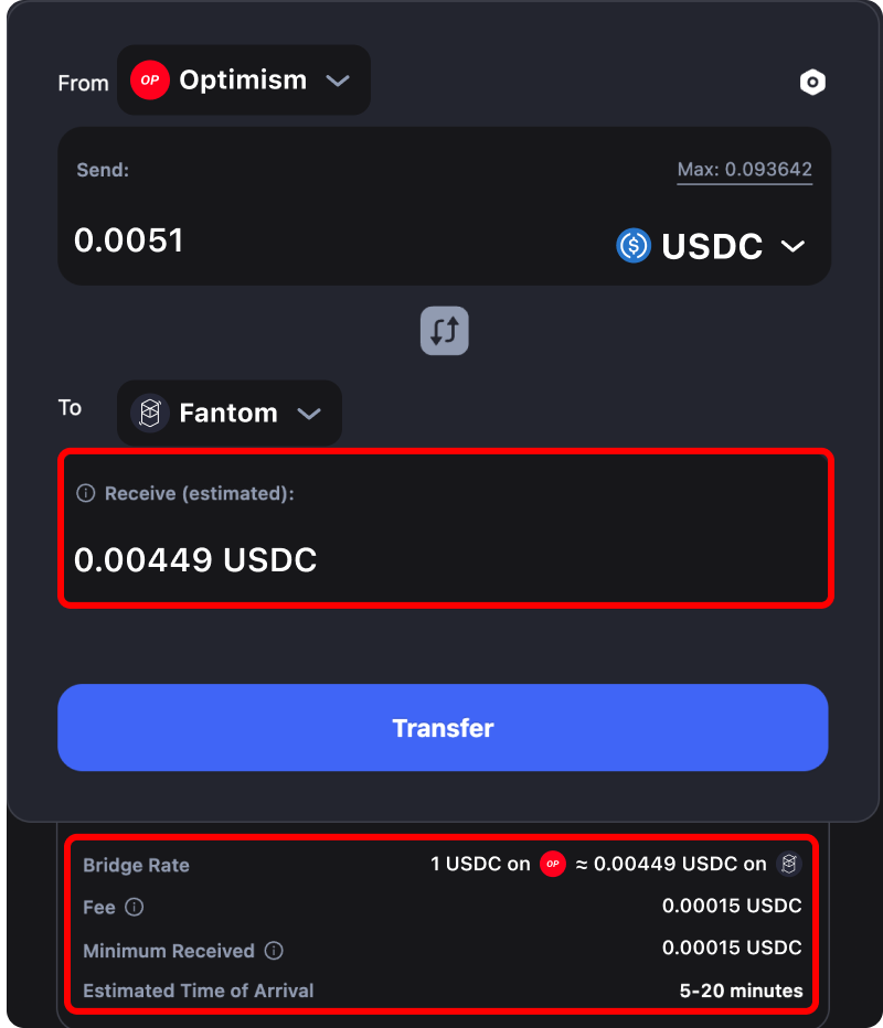 Cost and time estimates when bridging assets from Optimism to Fantom.