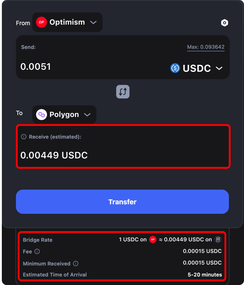 Cost and time estimates when bridging assets from Optimism to Polygon.