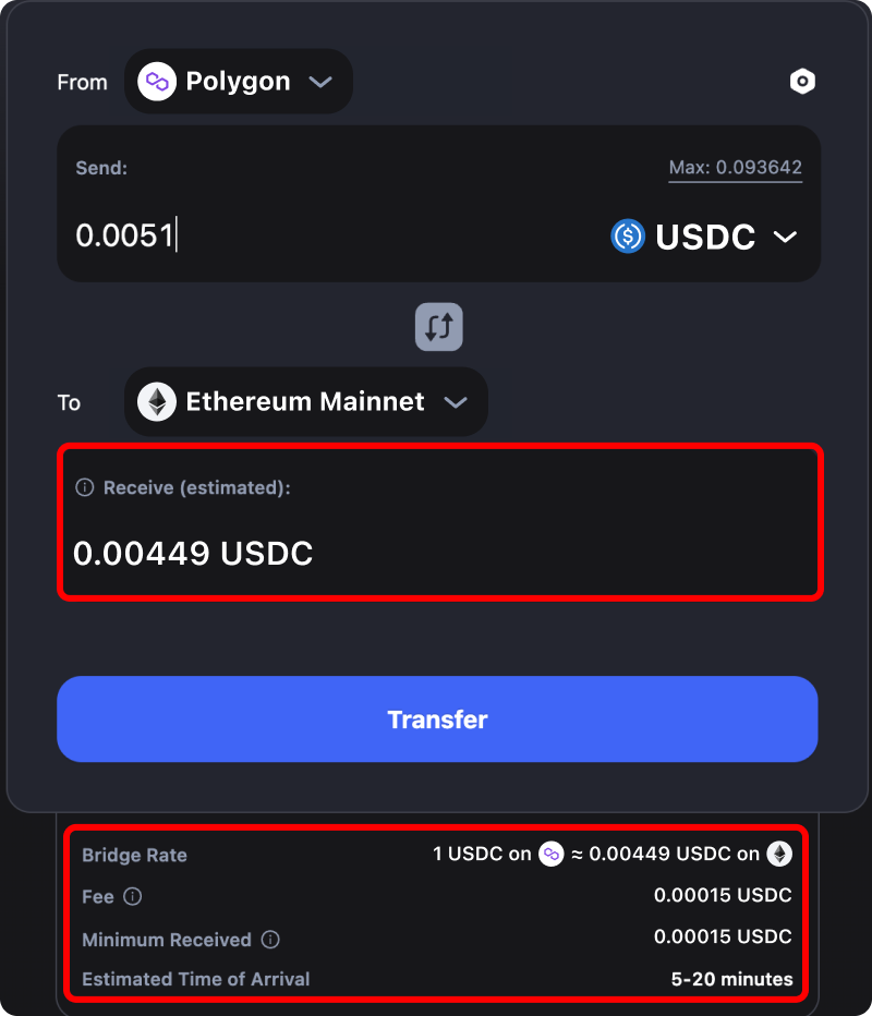 Cost and time estimates when bridging assets from Polygon to Ethereum.