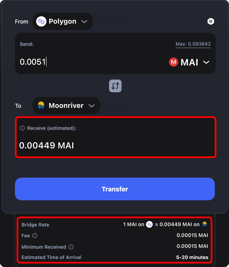 Cost and time estimates when bridging assets from Polygon to Moonriver.