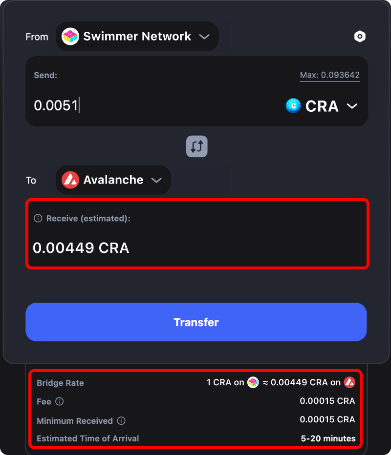 Cost and time estimates when bridging assets from Swimmer Network to Avalanche.