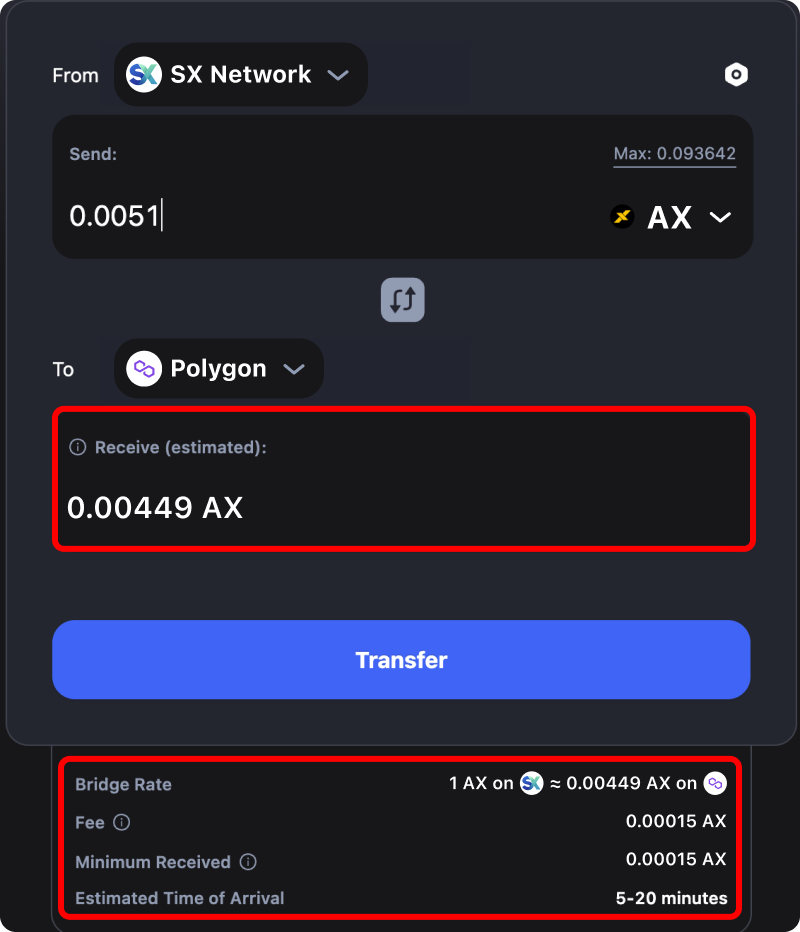 Cost and time estimates when bridging assets from SX Network to Polygon.